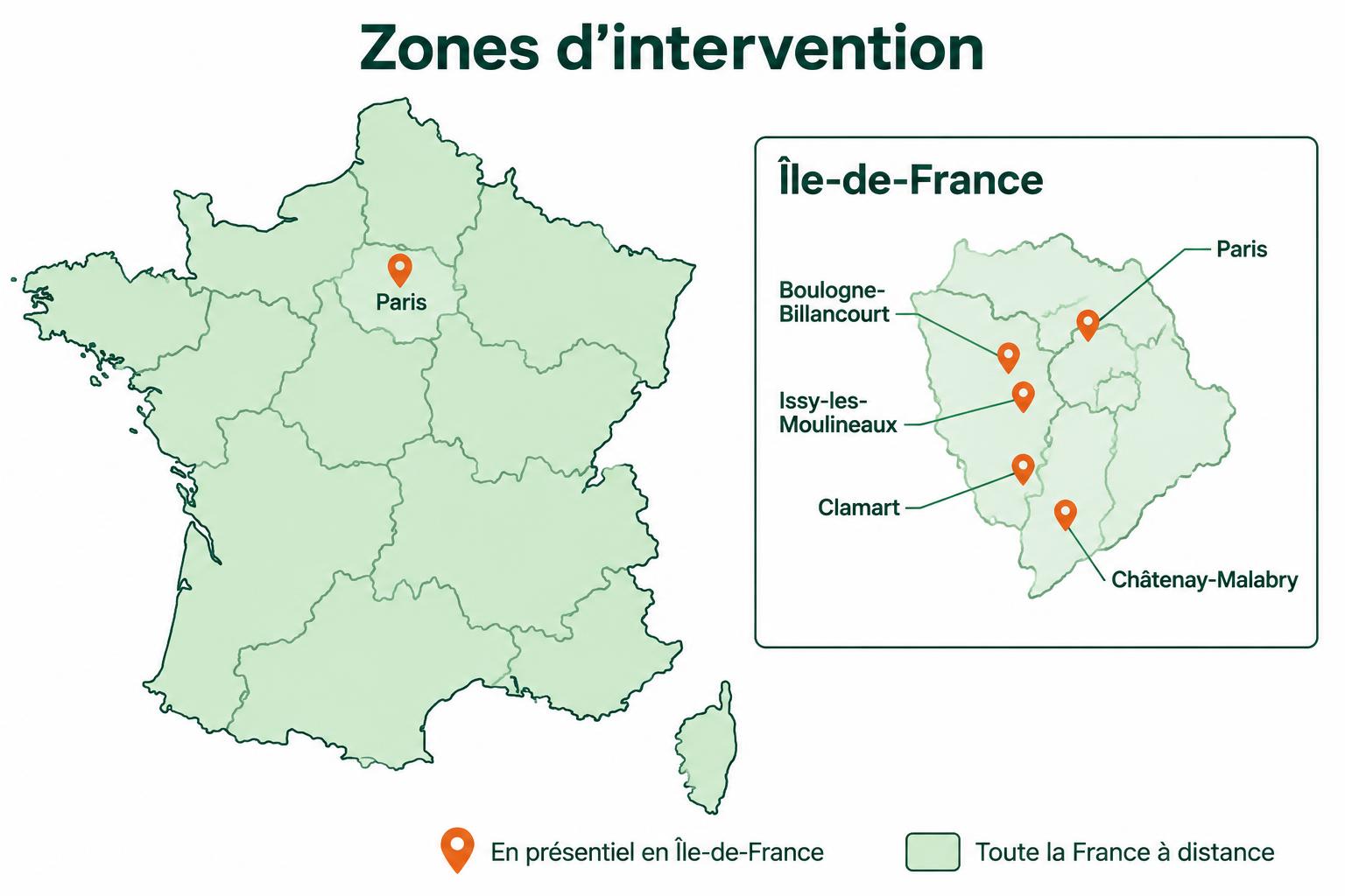 Carte de France : accompagnement à distance partout en France, présentiel à Paris, Boulogne-Billancourt, Issy-les-Moulineaux, Clamart et Châtenay-Malabry en Île-de-France